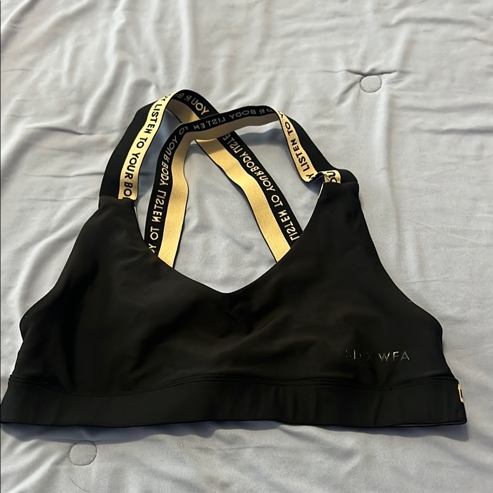 White Fox Boutique Black and Gold Strappy Sports Bra